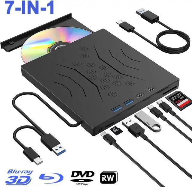 Main image of [7 in 1] DVD External Blu-ray Drive, USB 3.0 Type-C External Bluray DVD Drive Burner with SD/TF Port - Support Disc R/W - External Disc Drive Compatible with Windows XP/7/8/10/11, Linux, MacOS