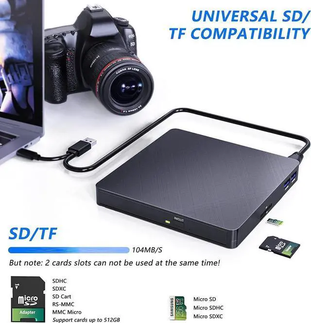 Alt view image 7 of 7 - 5 in 1 External CD DVD Drive, USB 3.0 & Type-C Portable CD DVD Burner with SD/TF Card Reader and 2 USB Ports, External Optical CD/DVD Drives for PC Desktop/Laptop/Linux/Mac/Windows 11/10/8/7 (Black)