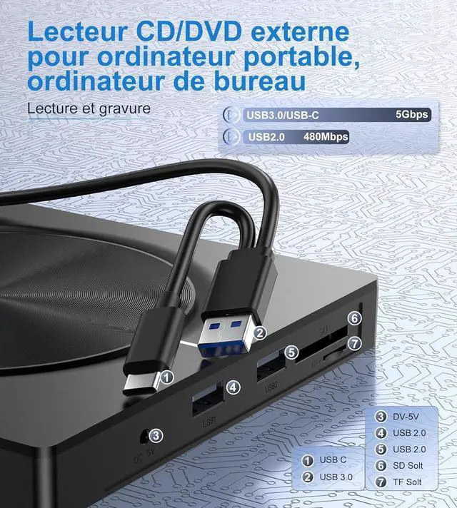 Alt view image 2 of 7 - External DVD CD Drive for PC, USB 3.0 and USB-C External CD DVD Burner with 2 USB Ports and SD/TF Slot, Optical Portable DVD CD -/+RW Drive, External CD/DVD Drive for Windows/MacOS/Laptop/Desktop
