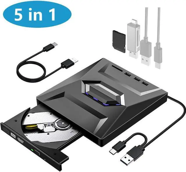 Main image of External CD/DVD Drive for Laptop - [5 in 1] External CD DVD Drive with SD/TF Card Slot USB 3.0 Type A/Type C DVD Player Portable External DVD Burner for Laptop Mac Os Vista Windows 11/10/8.1/8/7 Linux