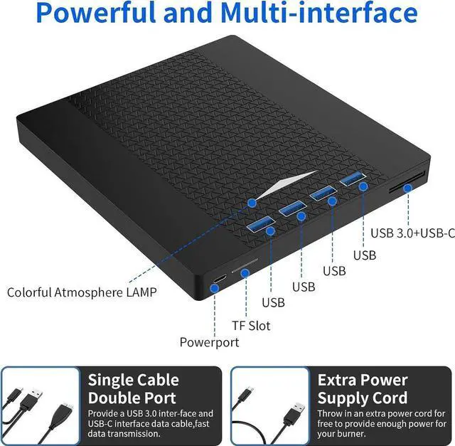 Alt view image 2 of 7 - [7 in 1] Multifunction External CD/DVD Drive for Laptop, USB 3.0 & Type C DVD Player CD ROM Portable CD/DVD Burner, External DVD Drive Compatible with Laptop Desktop PC Windows 11/10/8/7 Linux MacOS