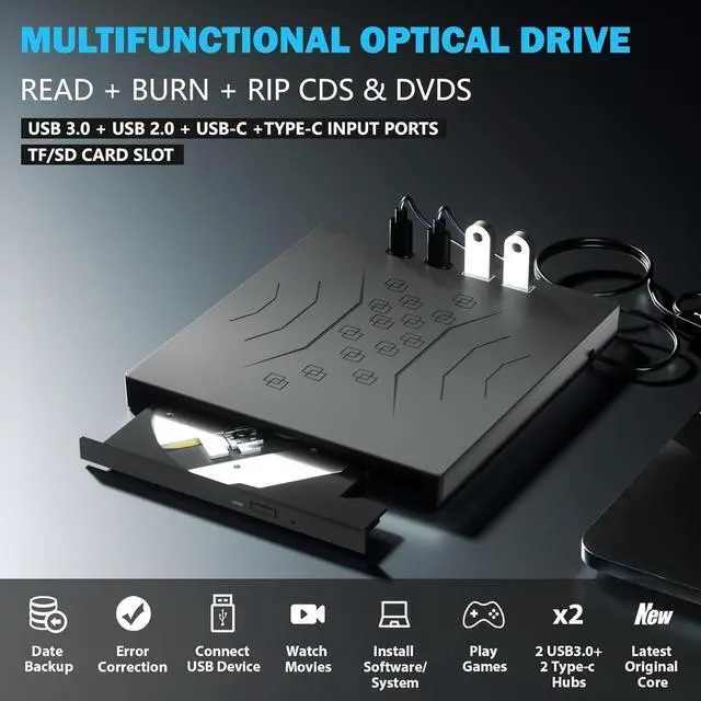 Alt view image 5 of 7 - [7 in 1] External CD/DVD Drive for Laptop USB 3.0 & Type-C, Portable CD/DVD +/-RW Disk Drive, CD/DVD Burner CD ROM External Optical DVD Drive for Laptop Desktop PC Windows 7/8/10/XP Mac Linux