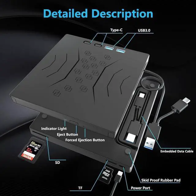 Alt view image 6 of 7 - [7 in 1] External CD/DVD Drive for Laptop USB 3.0 & Type-C, Portable CD/DVD +/-RW Disk Drive, CD/DVD Burner CD ROM External Optical DVD Drive for Laptop Desktop PC Windows 7/8/10/XP Mac Linux