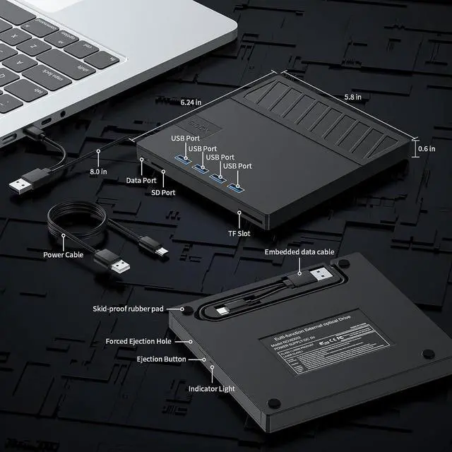 Alt view image 5 of 7 - External CD/DVD Drive for Laptop, 7 in 1 USB Ultra-Slim Portable CD/DVD Player Burner, with 4 USB Ports, SD/TF Card Reader CD ROM Compatible with External DVD Player for Windows 11/10/8/7 Linux MacOS