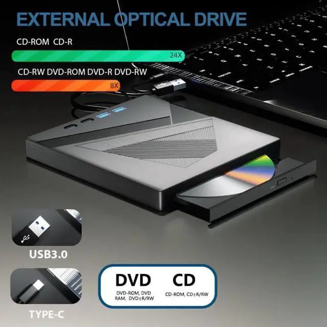 Alt view image 4 of 7 - 7-in-1 External CD/DVD Drive for Laptop, USB 3.0 and Type-C Portable DVD Player CD/DVD +/-RW Burner,Reader Rewriter Writer Disk Duplicator Compatible with Windows XP/7/8/10, Linux MacOS
