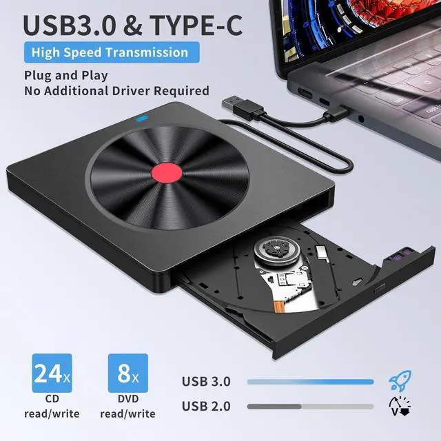 Alt view image 3 of 7 - Multifunctional External CD DVD Drive, CD Drive USB 3.0 Type C Portable CD/DVD ROM +/-RW Burner Rewriter with SD TF Slot & USB Ports, Slim DVD Player for Laptop Desktop PC Mac-Book Windows Linux MacOS