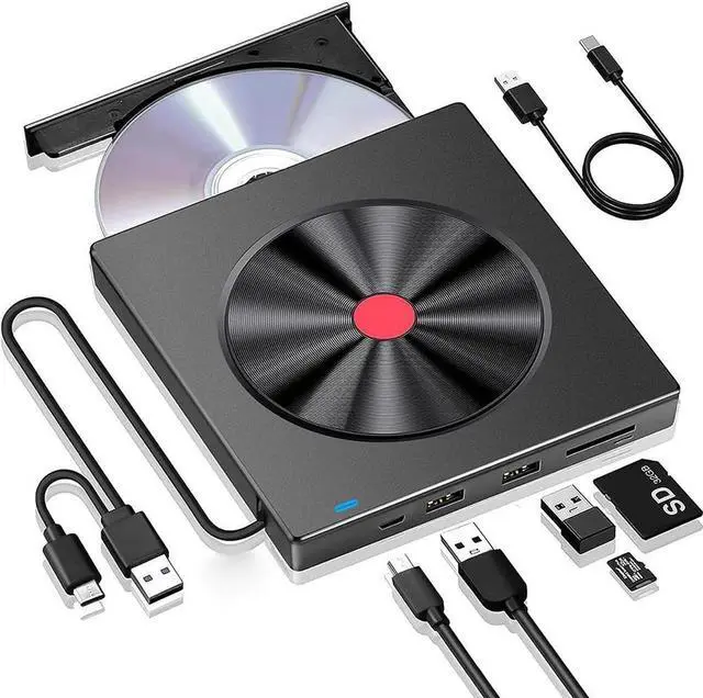 Main image of Multifunctional External CD DVD Drive, CD Drive USB 3.0 Type C Portable CD/DVD ROM +/-RW Burner Rewriter with SD TF Slot & USB Ports, Slim DVD Player for Laptop Desktop PC Mac-Book Windows Linux MacOS
