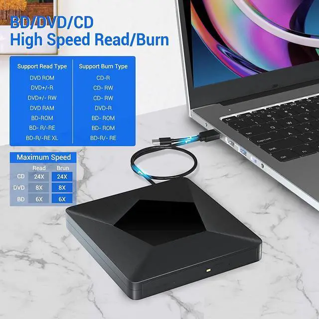 Alt view image 4 of 7 - External Bluray CD DVD Drive, Ultra Slim USB 3.0 and Type-C Portable Portable Slim CD DVD +/-RW Drive Player Burner, Blu-ray CD DVD Burner 3D Optical Blu-ray CD DVD Drive for Windows XP/7/8/10, MacOS