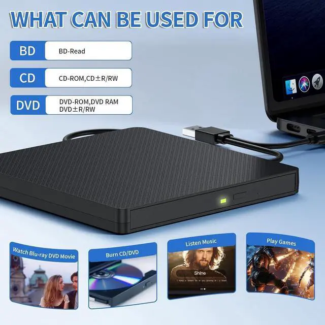 Alt view image 5 of 7 - External Blu-ray Drive, USB 3.0 and Type-C External CD/DVD Burner, BD Player with 3D Bluray Playback - Portable Blu-ray Drive Optical DVD Drive Compatible with Windows, Linux, Mac OS (Black)