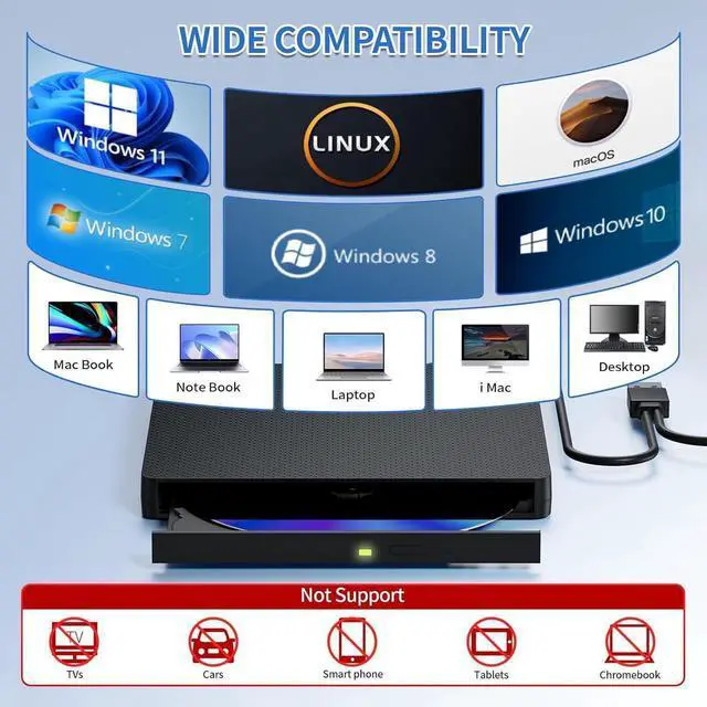 Alt view image 2 of 7 - External Blu-ray Drive, USB 3.0 and Type-C External CD/DVD Burner, BD Player with 3D Bluray Playback - Portable Blu-ray Drive Optical DVD Drive Compatible with Windows, Linux, Mac OS (Black)