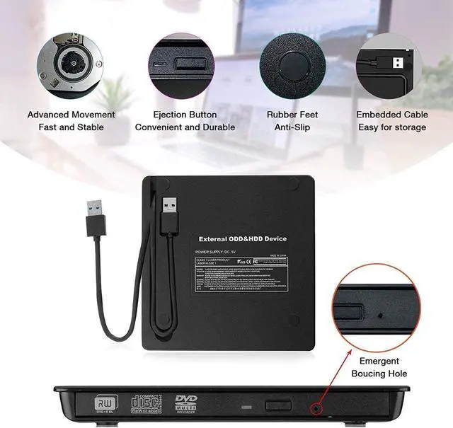 Alt view image 6 of 7 - Portable External CD DVD Drive, External CD DVD Drive USB 3.0, Rewriter Reader Writer Burner, Portable CD+/-RW CD-ROM DVD-ROM Optical Drive Player for Laptop,PC,Mac 10,OS,Windows 10/8/7/XP,Linux