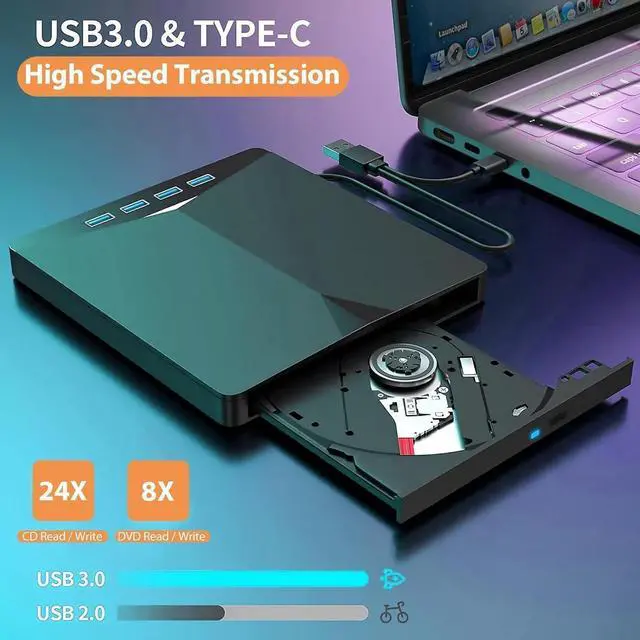 Alt view image 2 of 7 - External CD/DVD Drive for Laptop, 7-in-1 USB 3.0 DVD Player, Portable CD/DVD Burner, CD-ROM External DVD Drive with 4 Ports USB Hub, SD/TF Card Reader, Compatible with Windows 11/10/8/7, Linux, Mac OS