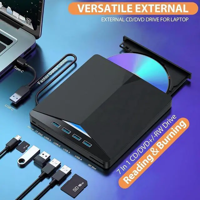 Alt view image 3 of 7 - External CD/DVD Drive for Laptop, 7-in-1 USB 3.0 DVD Player, Portable CD/DVD Burner, CD-ROM External DVD Drive with 4 Ports USB Hub, SD/TF Card Reader, Compatible with Windows 11/10/8/7, Linux, Mac OS
