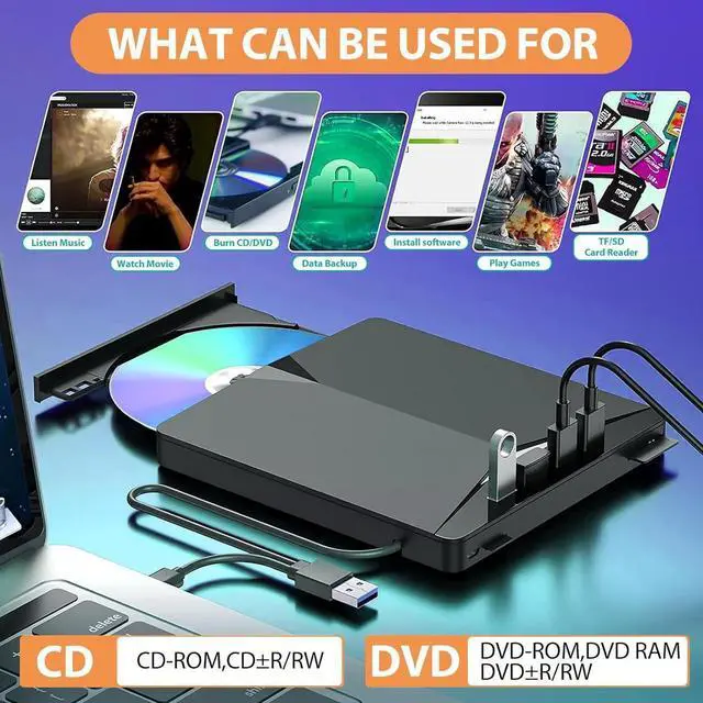 Alt view image 6 of 7 - External CD/DVD Drive for Laptop, 7-in-1 USB 3.0 DVD Player, Portable CD/DVD Burner, CD-ROM External DVD Drive with 4 Ports USB Hub, SD/TF Card Reader, Compatible with Windows 11/10/8/7, Linux, Mac OS