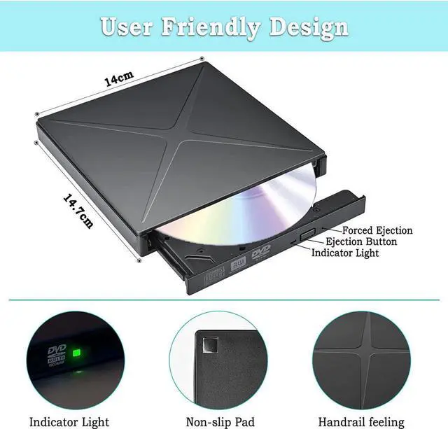 Alt view image 4 of 7 - 5 in 1 External CD/DVD Drive for Laptop, Ultra Slim USB 3.0 Type-C CD DVD +/-RW Burner, Optical Disk Drive Player with 2 USB Ports and TF/SD Reader, for Laptop Mac PC Windows 11/10/8/7 Linux OS