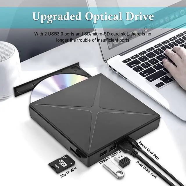 Alt view image 6 of 7 - 5 in 1 External CD/DVD Drive for Laptop, Ultra Slim USB 3.0 Type-C CD DVD +/-RW Burner, Optical Disk Drive Player with 2 USB Ports and TF/SD Reader, for Laptop Mac PC Windows 11/10/8/7 Linux OS