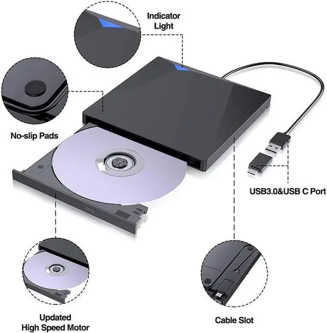 Alt view image 5 of 7 - External CD DVD RW Drive, USB 3.0 Type-C Portable USB C Superdrive DVD Burner Player Writer CD DVD +/- RW, Compatible with Windows 10 8 7 XP Vista Mac OS Linux for Mac Pro Air iMac Laptop