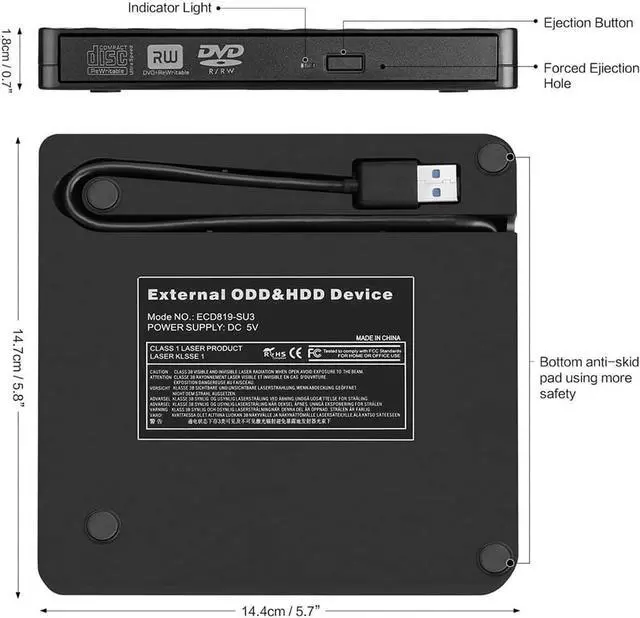 Alt view image 7 of 7 - External DVD CD Drive USB 3.0 Burner Writer Drive Player High Speed Data Transfer for Laptop/Desktop/MacBook/Mac OS/Windows10/8/7/XP/Vista (Black)