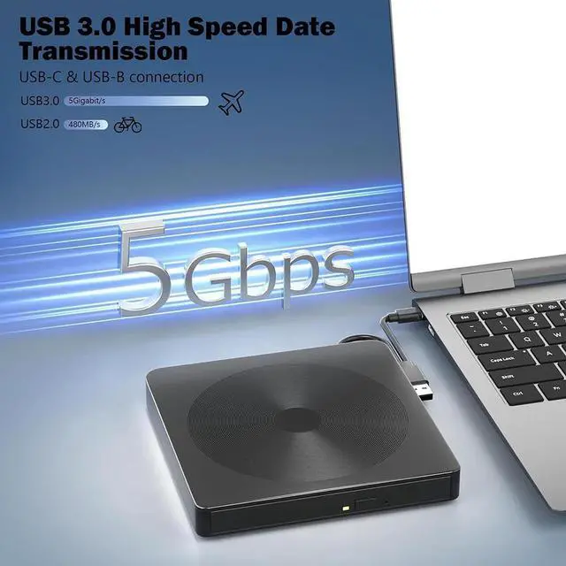 Alt view image 3 of 6 - External CD/DVD Drive for Laptop, USB 3.0 & Type-C Portable DVD Player CD DVD Burner, Cd Rom External CD DVD Drive for Laptop, External Optical Drive Compatible with PC Laptop Windows Mac Os
