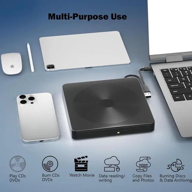 Alt view image 6 of 6 - External CD/DVD Drive for Laptop, USB 3.0 & Type-C Portable DVD Player CD DVD Burner, Cd Rom External CD DVD Drive for Laptop, External Optical Drive Compatible with PC Laptop Windows Mac Os