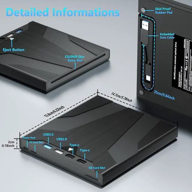 Alt view image 5 of 7 - 7 in 1 External CD/DVD Drive for Laptop, Slot-Loading External DVD Drive with SD/TF Port, CD Burner External CD DVD Drive for Laptop USB-A USB-C, Portable CD/DVD Writer for Laptop & Desktop