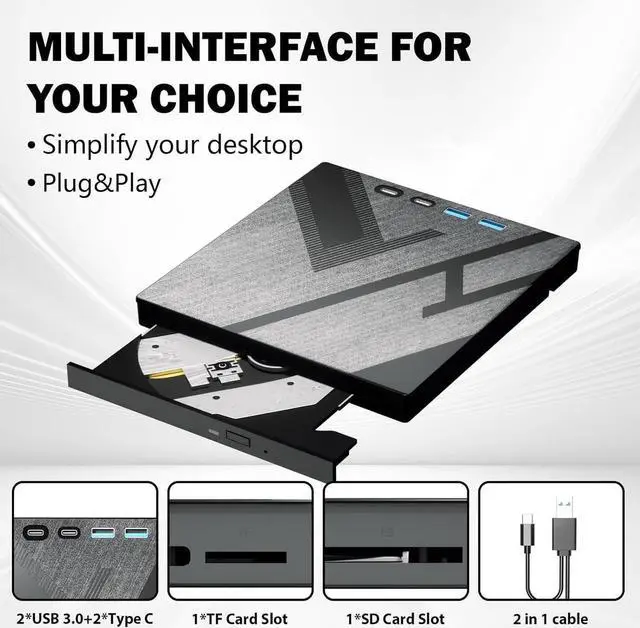 Alt view image 5 of 6 - 7 in 1 External DVD Drive, External CD/DVD Drive for Laptop with 4 USB & SD/TF Port, CD Burner DVD Player DVD Burner USB 3.0/Type C, CD Rom Optical Drive CD Drive for PC Laptop Windows Linux