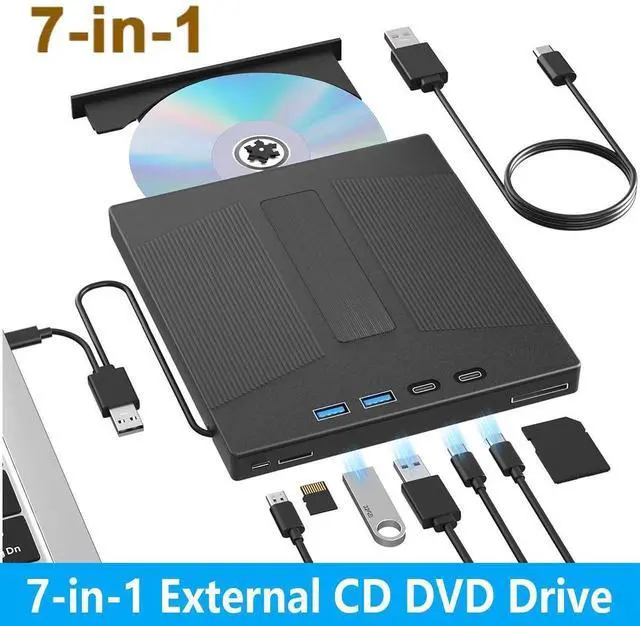 Main image of External CD/DVD Drive, 7 in 1 External USB DVD Drive with 2 USB A + 2 Type C and TF/SD Card Slots CD Optical Drive for Laptop, CD Reader for PC Compatible with Windows XP/11/10/8/7 Linux Mac OS