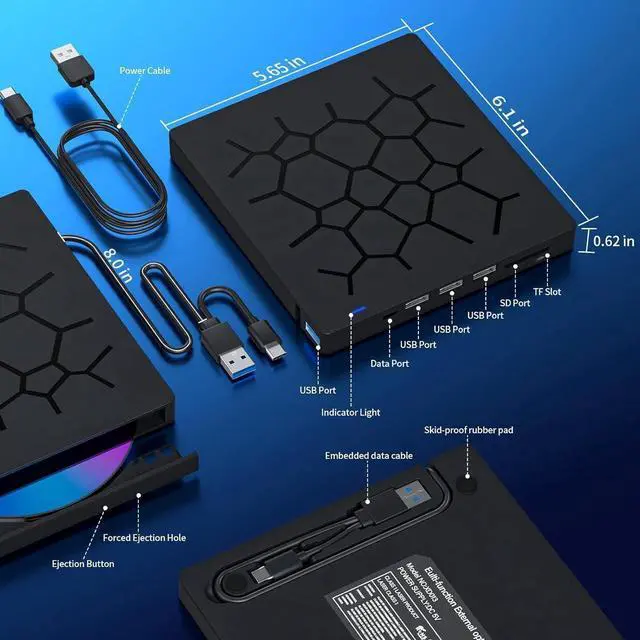 Alt view image 3 of 7 - External CD/DVD Drive for Laptop, 7 IN 1 USB 3.0 Type C Portable DVD Player, CD ROM Burner Writer,External Disk Drive, Optical Drive Compatible with Laptop, PC, Mac-Book, Windows, Mac, Linux OS