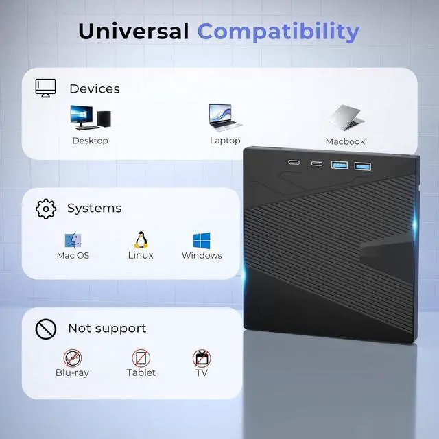 Alt view image 2 of 7 - External CD/DVD Drive for Laptop, 7-in-1 Portable DVD Player for Laptop USB 3.0 & Type-C CD Burner External Optical Disk CD DVD Drive Compatible with Laptop PC Windows XP/7/8/10, Linux MacOS