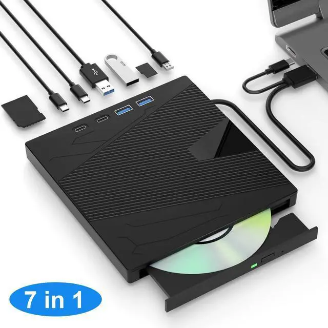Main image of External CD/DVD Drive for Laptop, 7-in-1 Portable DVD Player for Laptop USB 3.0 & Type-C CD Burner External Optical Disk CD DVD Drive Compatible with Laptop PC Windows XP/7/8/10, Linux MacOS