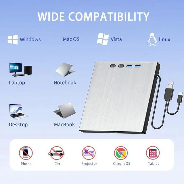 Alt view image 6 of 7 - External CD/DVD Drive, 7 in 1 Portable USB DVD Drive External with 2 USB A+2 Type C Ports, TF/SD Card Slots CD Drive for Laptop, CD Reader for PC Compatible with Windows XP/11/10/8/7 Linux Mac