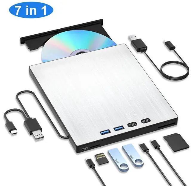 Main image of External CD/DVD Drive, 7 in 1 Portable USB DVD Drive External with 2 USB A+2 Type C Ports, TF/SD Card Slots CD Drive for Laptop, CD Reader for PC Compatible with Windows XP/11/10/8/7 Linux Mac