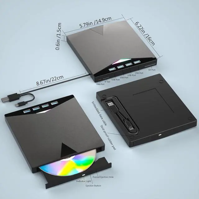 Alt view image 3 of 7 - External CD/DVD Drive for Laptop, 7-in-1 USB 3.0 Portable CD/DVD Player Burner with 4 USB Ports, SD/TF Card Slots,CD/DVD +/-RW Drive, Compatible with Windows 11/10/8/7, Linux, Mac OS PC Laptops