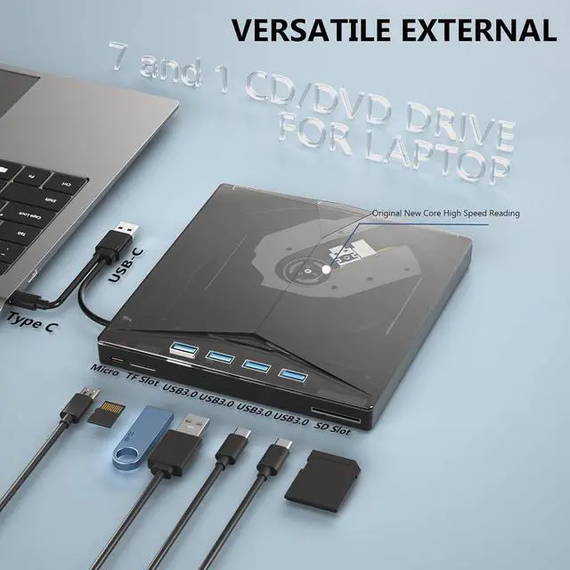 Alt view image 4 of 7 - External CD/DVD Drive for Laptop, 7-in-1 USB 3.0 Portable CD/DVD Player Burner with 4 USB Ports, SD/TF Card Slots,CD/DVD +/-RW Drive, Compatible with Windows 11/10/8/7, Linux, Mac OS PC Laptops