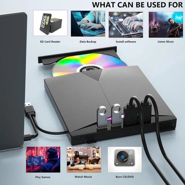 Alt view image 2 of 7 - External CD/DVD Drive for Laptop, 7-in-1 USB 3.0 Portable CD/DVD Player Burner with 4 USB Ports, SD/TF Card Slots,CD/DVD +/-RW Drive, Compatible with Windows 11/10/8/7, Linux, Mac OS PC Laptops
