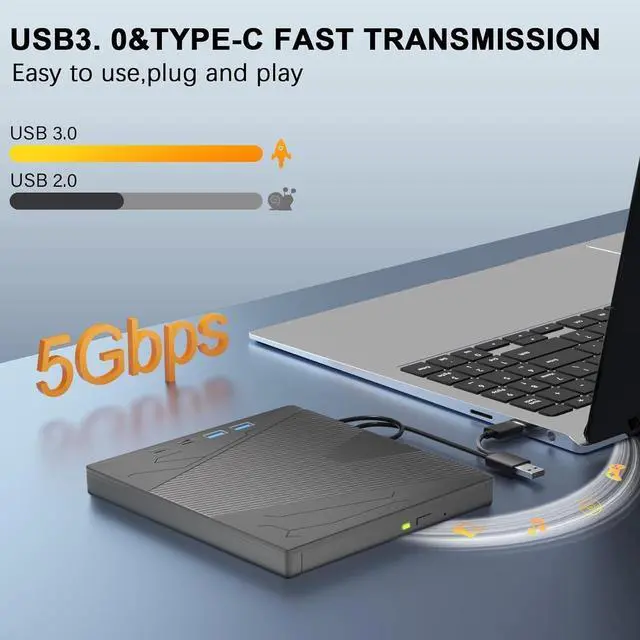 Alt view image 2 of 7 - 7 in 1 External CD DVD Drive, USB3.0 Portable CD/DVD +/-RW Drive/DVD Player With SD/TF Card Reader 4 USB Ports CD ROM Burner Compatible With Laptop Desktop PC Windows 7/8/10/11/XP, Linux, MacOS