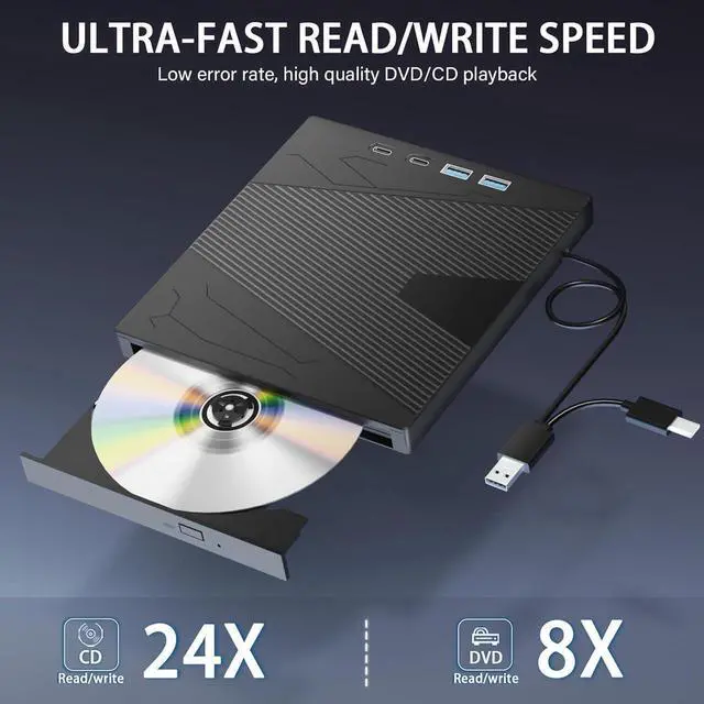 Alt view image 7 of 7 - 7 in 1 External CD DVD Drive, USB3.0 Portable CD/DVD +/-RW Drive/DVD Player With SD/TF Card Reader 4 USB Ports CD ROM Burner Compatible With Laptop Desktop PC Windows 7/8/10/11/XP, Linux, MacOS
