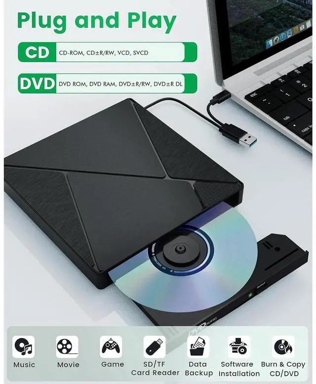 Alt view image 2 of 7 - 7 in 1 External CD DVD Drive, USB 3.0 Type C Optical Disc Drive, 4 USB Ports and 2 TF/SD Card Slots, CD DVD Burner Writer Reader Player for Laptop Desktop PC Windows 11/10/8/7/XP Linux Mac OS