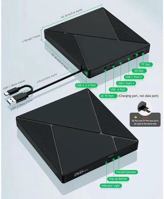 Alt view image 5 of 7 - 7 in 1 External CD DVD Drive, USB 3.0 Type C Optical Disc Drive, 4 USB Ports and 2 TF/SD Card Slots, CD DVD Burner Writer Reader Player for Laptop Desktop PC Windows 11/10/8/7/XP Linux Mac OS