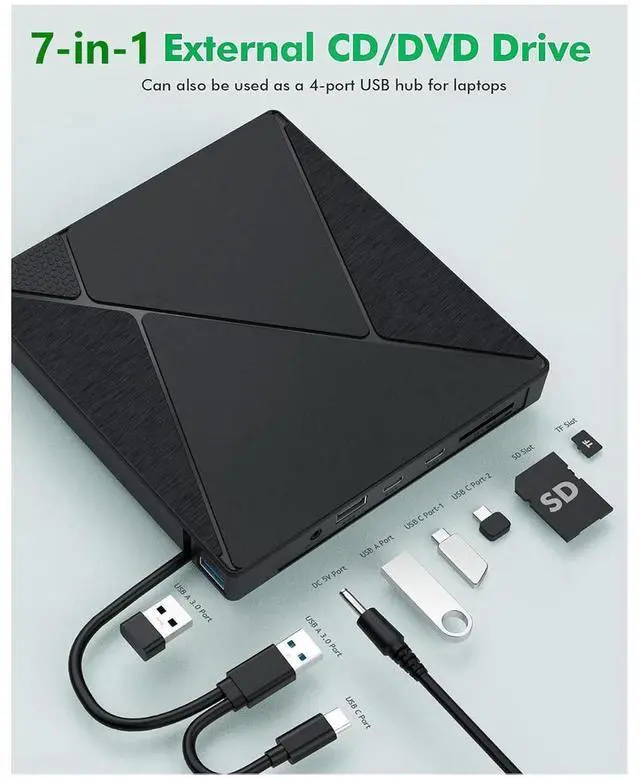 Alt view image 6 of 7 - 7 in 1 External CD DVD Drive, USB 3.0 Type C Optical Disc Drive, 4 USB Ports and 2 TF/SD Card Slots, CD DVD Burner Writer Reader Player for Laptop Desktop PC Windows 11/10/8/7/XP Linux Mac OS