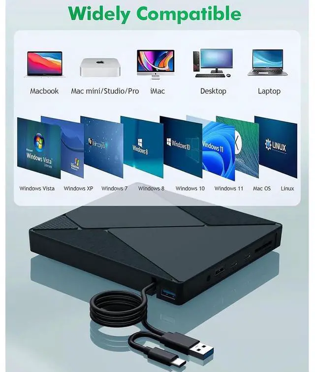 Alt view image 3 of 7 - 7 in 1 External CD DVD Drive, USB 3.0 Type C Optical Disc Drive, 4 USB Ports and 2 TF/SD Card Slots, CD DVD Burner Writer Reader Player for Laptop Desktop PC Windows 11/10/8/7/XP Linux Mac OS