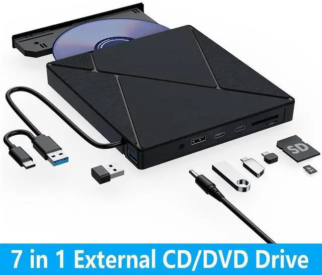 Main image of 7 in 1 External CD DVD Drive, USB 3.0 Type C Optical Disc Drive, 4 USB Ports and 2 TF/SD Card Slots, CD DVD Burner Writer Reader Player for Laptop Desktop PC Windows 11/10/8/7/XP Linux Mac OS