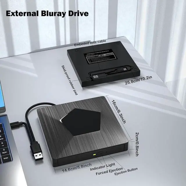 Alt view image 6 of 7 - External Blu Ray Drive, USB 3.0 & Type-C Blu Ray Burner, DVD+/-RW BD CD DVD Player, 3D Portable Blu Ray Player, External Optical Drive for Windows XP/7/8/10, MacOS, Laptop, Desktop