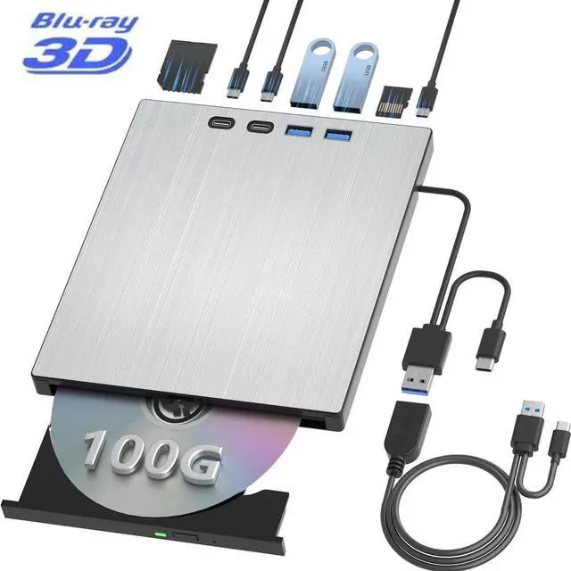 Main image of External Blu ray Drive for Laptop, 7 in 1 External CD/DVD Drive Portable Blu Ray Burner USB 3.0 Type-C CD/BD Disc Drives Support 100G Bluray/DVD Drive Compatible with Windows Linux Mac OS