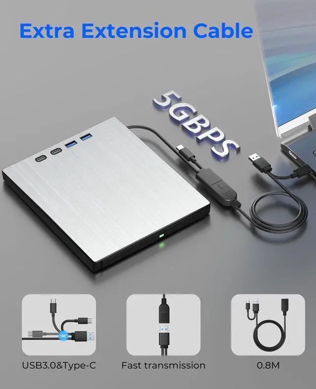 Alt view image 3 of 7 - External Blu ray Drive for Laptop, 7 in 1 External CD/DVD Drive Portable Blu Ray Burner USB 3.0 Type-C CD/BD Disc Drives Support 100G Bluray/DVD Drive Compatible with Windows Linux Mac OS