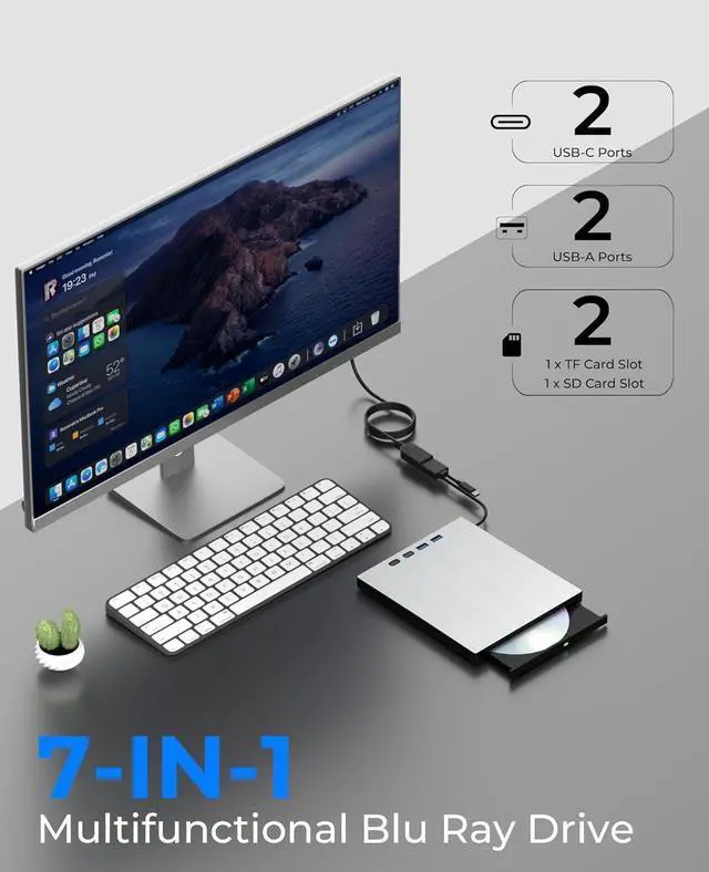 Alt view image 7 of 7 - External Blu ray Drive for Laptop, 7 in 1 External CD/DVD Drive Portable Blu Ray Burner USB 3.0 Type-C CD/BD Disc Drives Support 100G Bluray/DVD Drive Compatible with Windows Linux Mac OS