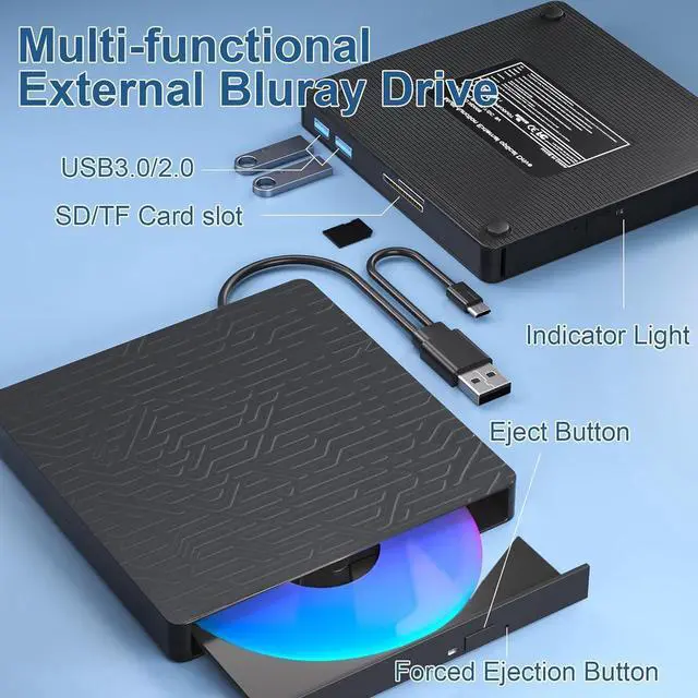 Alt view image 7 of 7 - 5 in 1 External Blu ray Drive, Multifunctional USB 3.0 Type-C 3D External Blu-ray Slim Optical Drive CD DVD Drive Burner with SD/TF Card Reader/2 USB 3.0 Hubs for Windows XP/7/8/10/11, MacOS