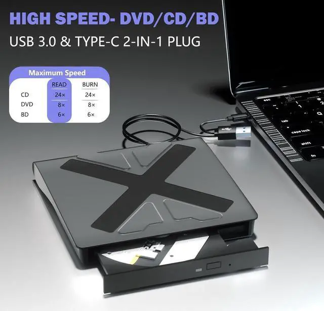 Alt view image 4 of 7 - External Blu Ray Drive, USB 3.0 and Type-C Blu Ray Burner Portable Blu Ray DVD/CD/BD Player, 3D Bluray Optical DVD Drive Compatible with Windows XP/7/8/10/11 MacOS Laptop Desktop