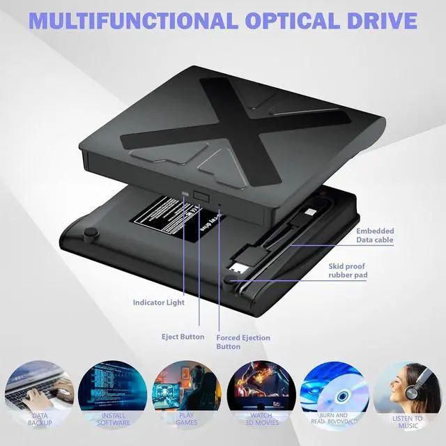 Alt view image 3 of 7 - External Blu Ray Drive, USB 3.0 and Type-C Blu Ray Burner Portable Blu Ray DVD/CD/BD Player, 3D Bluray Optical DVD Drive Compatible with Windows XP/7/8/10/11 MacOS Laptop Desktop