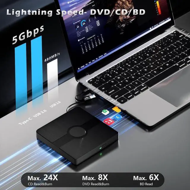 Alt view image 5 of 7 - External Blu Ray Drive, BD Player with Read/Write Capability Portable Blu-ray Player with USB 3.0 & Type-C CD/DVD Burner 3D Blu-ray Drive Compatible with Win10 Mac OS, Blu Ray Player for PC
